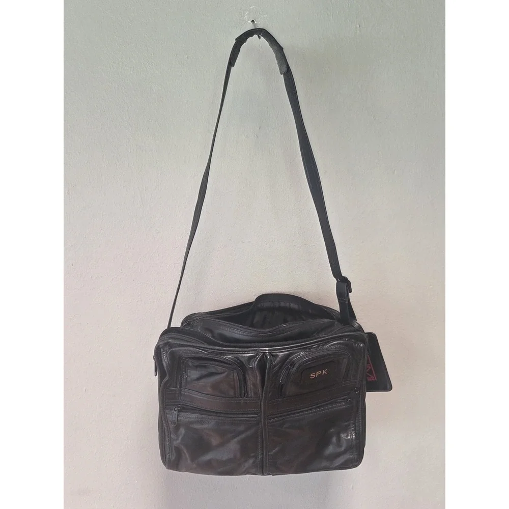 TUMI Leather Bag Organizer Black Crossbody Multipocket  Old Style